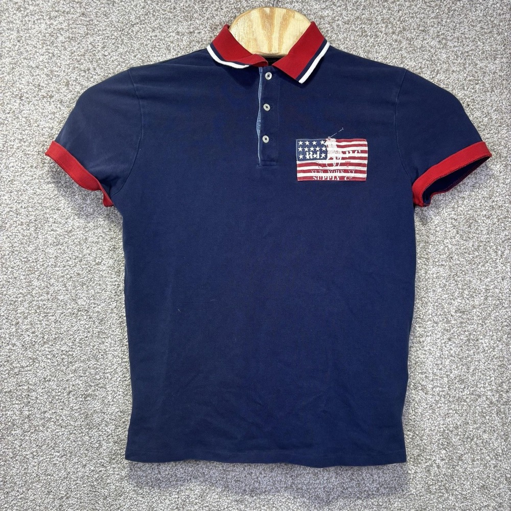 Polo Ralph Lauren Polo Shirt Mens Medium Blue USA Flag Graphic Custom Slim Fit